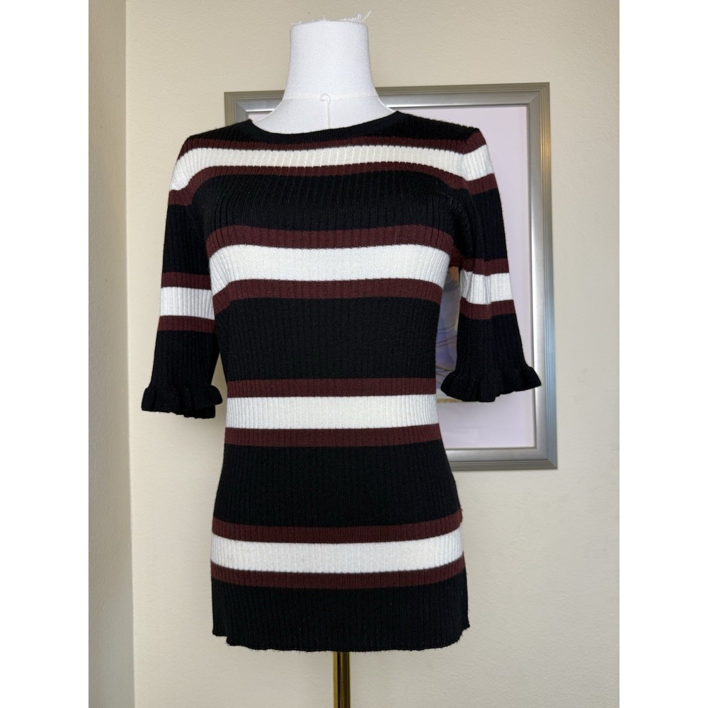 Frame 70s Ruffle Cuff Sweater Retro Ribbed Stretchy | Noir‎ Multi | Womens Large